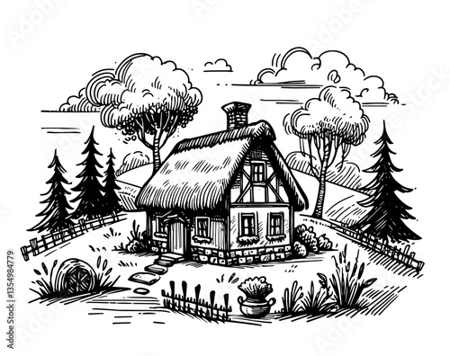 country cottage with garden and trees black vector sketch

