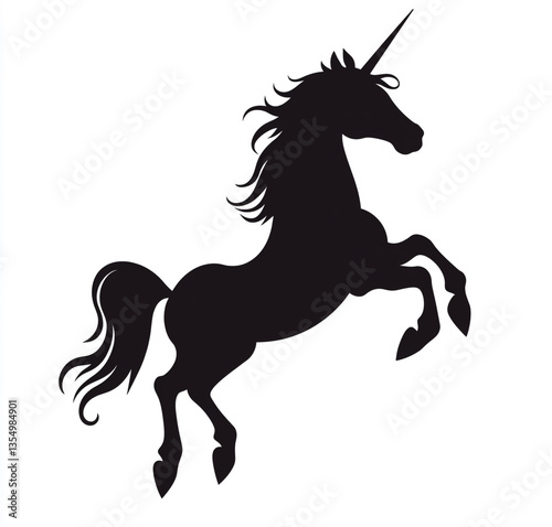 Silhouette of a rearing unicorn with flowing mane and tail on a white background illustration