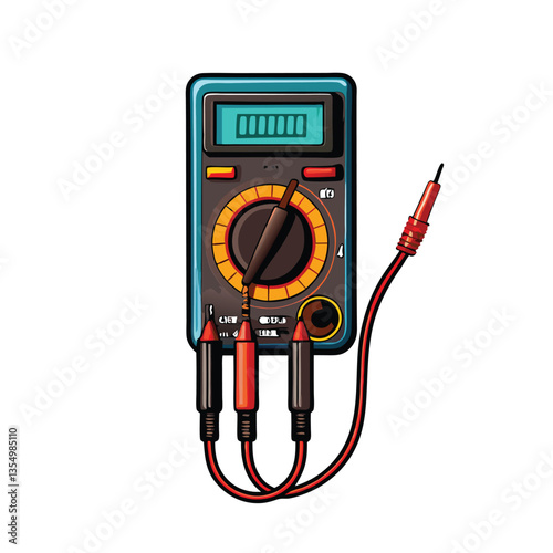 Create a highly realistic vector illustration of a digital multimeter displaying a reading of '1'.  Show all details including display, probes, and buttons.