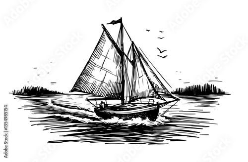 sailboat sailing on lake with islands black vector sketch