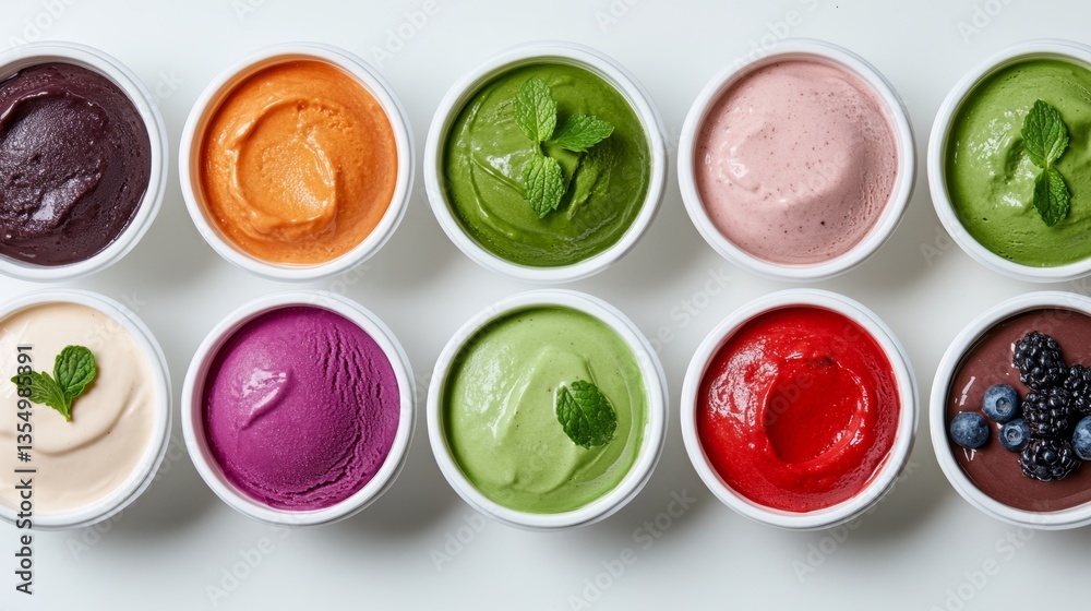 A variety of different colored ice creams in small bowls on a white surface A variety of different colored ice creams in small bowls on a white surface
