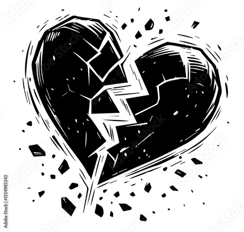 cracked broken heart exploding black vector sketch