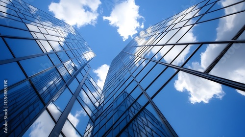 Modern skyscraper buildings with reflective glass reaching towards a bright blue sky filled with fluffy clouds : Generative AI