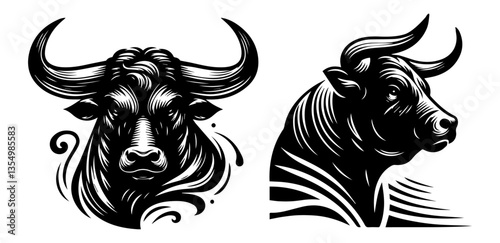 stylized bull heads black vector sketch