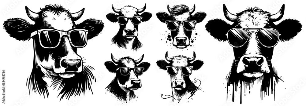 Fototapeta premium cool cows wearing sunglasses black vector sketch
