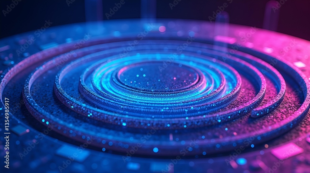 Fototapeta premium Abstract Circular Technology: Glowing Blue Rings with Digital Particles