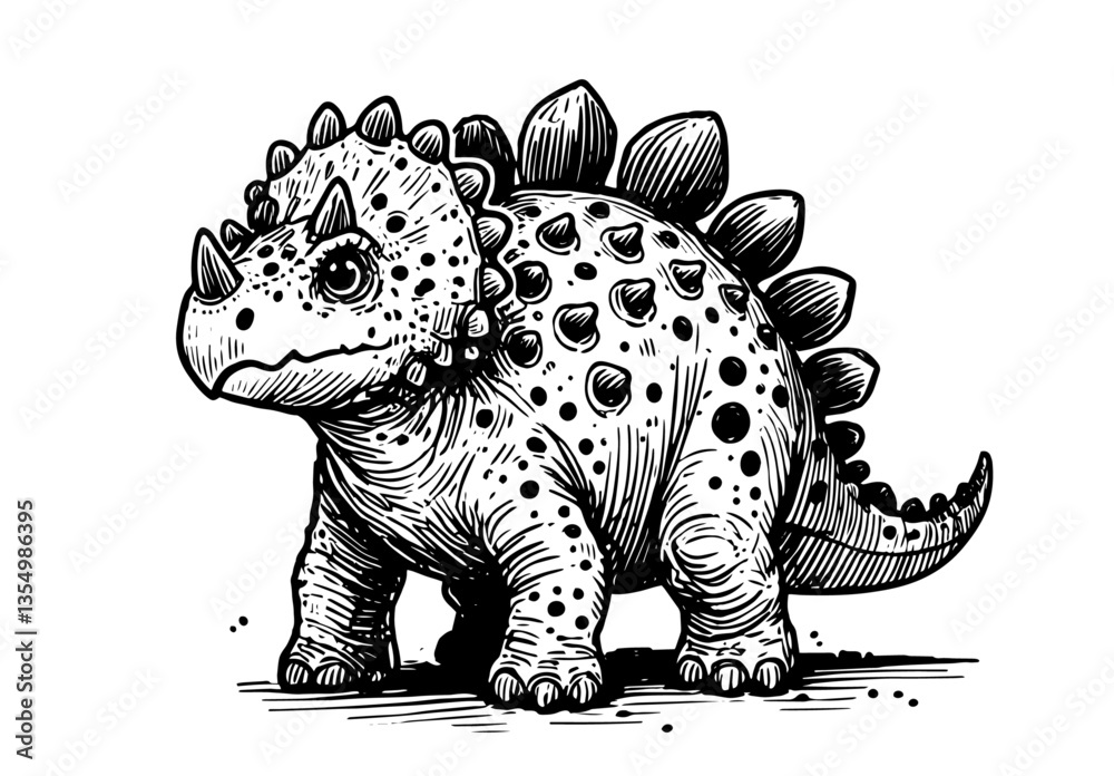 Fototapeta premium cute spiked dinosaur black vector sketch