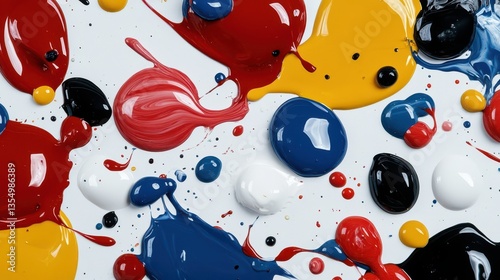 Vibrant splashes of paint in various bold colors on a white background demonstrate the lively spirit of artistic expression, inviting creativity and imagination.