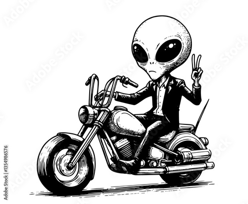 alien riding motorcycle showing peace sign black vector sketch