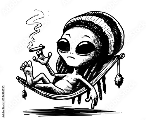 alien chilling in hammock smoking black vector sketch