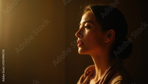 beautiful girl praying to god Cinematic portrait, calm expression, indoor candle light