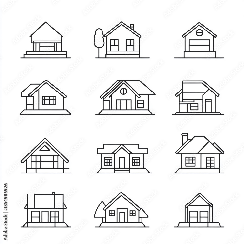 Fototapeta premium Collection of twelve house outline illustrations in a grid pattern with simple black line drawings
