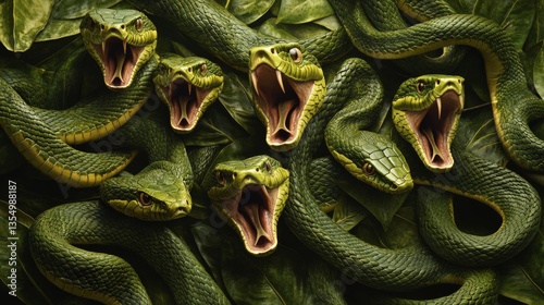 A striking group of green snakes, mouths open, set within dense foliage. Their intense, fierce expressions and interwoven bodies against lush leaves create a powerful nature and wildlife visual ideal