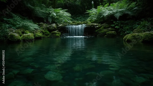 A serene setting featuring a hidden waterfall surrounded by lush greenery, creating a peaceful retreat that symbolizes relaxation and natural beauty.