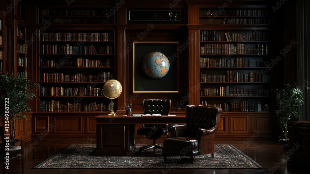 A sophisticated office with rich wooden tones features a globe and stacked bookshelves, conveying power, wisdom, and an appreciation for knowledge in a refined setting. A sophisticated office with rich wooden tones features a globe and stacked bookshelves, conveying power, wisdom, and an appreciation for knowledge in a refined setting.