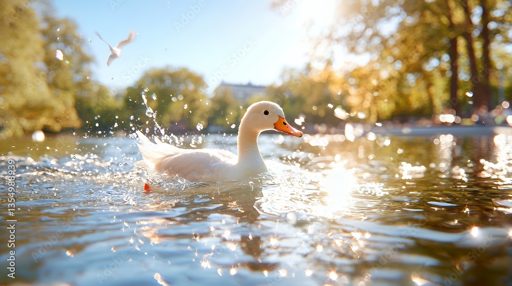 Fototapeta premium White Duck Splashing in Lake Water with Sunny Bokeh and Bird