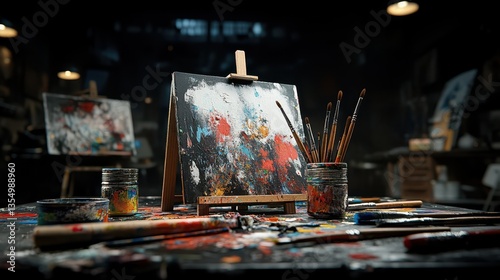 A dynamic and colorful abstract painting rests on an easel, surrounded by art supplies, evoking creativity and artistic expression in a studio atmosphere.