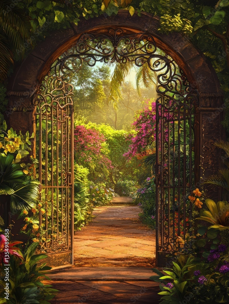 Iron gateway leading to a hidden garden filled with lush greenery and colorful flowers, iron, gateway, secret, garden, hidden Iron gateway leading to a hidden garden filled with lush greenery and colorful flowers, iron, gateway, secret, garden, hidden