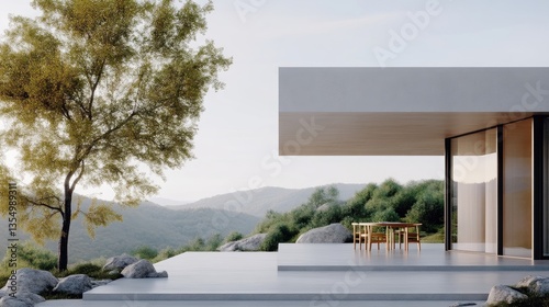 Modern house with patio overlooking mountains