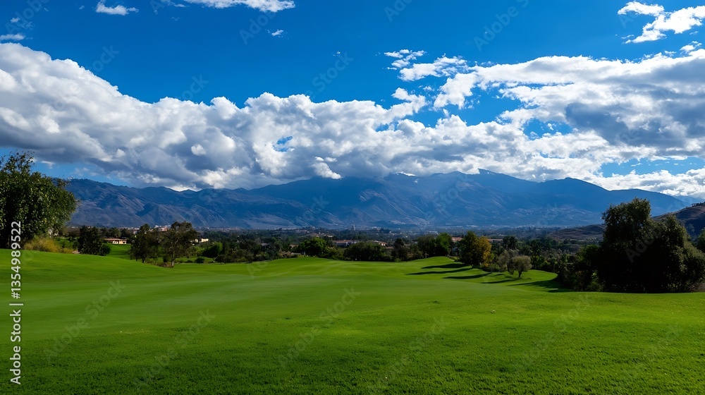 Vibrant Golf Course Landscape under a Stunning Blue Sky with Fluffy White Clouds : Generative AI Vibrant Golf Course Landscape under a Stunning Blue Sky with Fluffy White Clouds : Generative AI