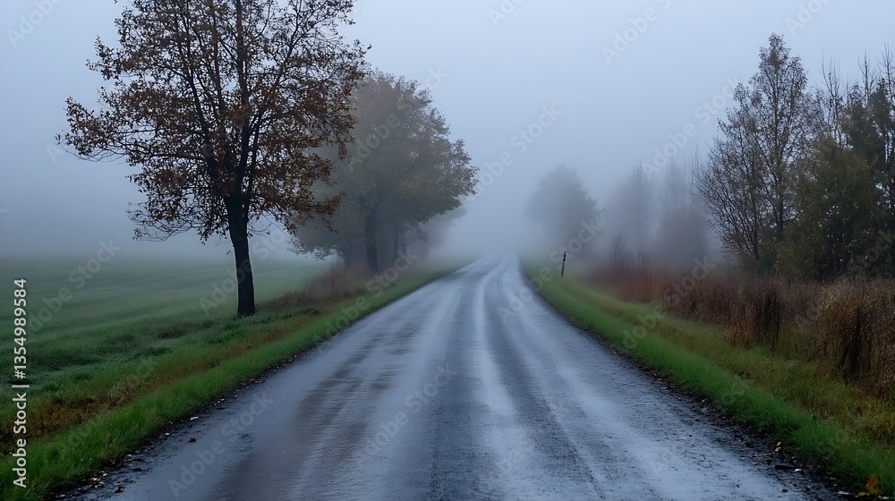 Misty country road lined with trees in autumn conveying a serene and peaceful atmosphere : Generative AI Misty country road lined with trees in autumn conveying a serene and peaceful atmosphere : Generative AI