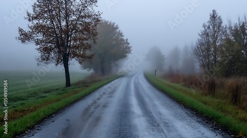 Misty country road lined with trees in autumn conveying a serene and peaceful atmosphere : Generative AI