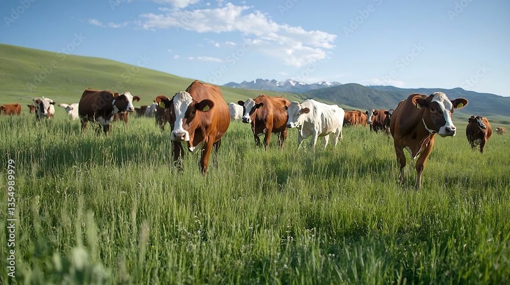Herd of Cows Grazing on Lush Green Pasture Under Clear Blue Skies in a Picturesque Landscape : Generative AI Herd of Cows Grazing on Lush Green Pasture Under Clear Blue Skies in a Picturesque Landscape : Generative AI