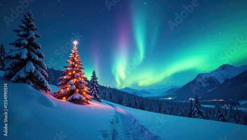 Soft luminescent aurora borealis on snowy Christmas background, soft, night
