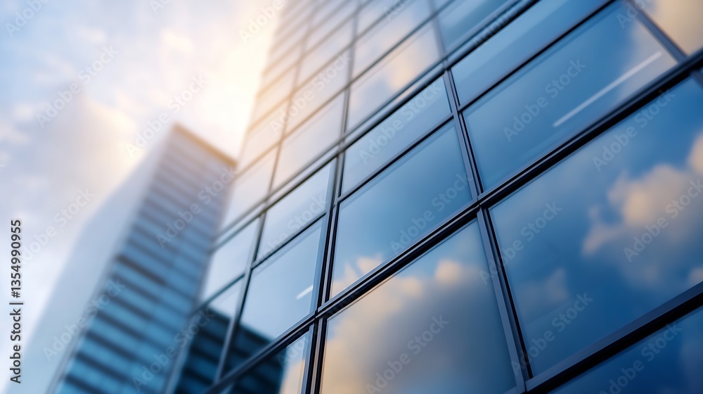 Obraz premium Skyline view of contemporary glass skyscrapers reflecting clouds and light under blue skies : Generative AI
