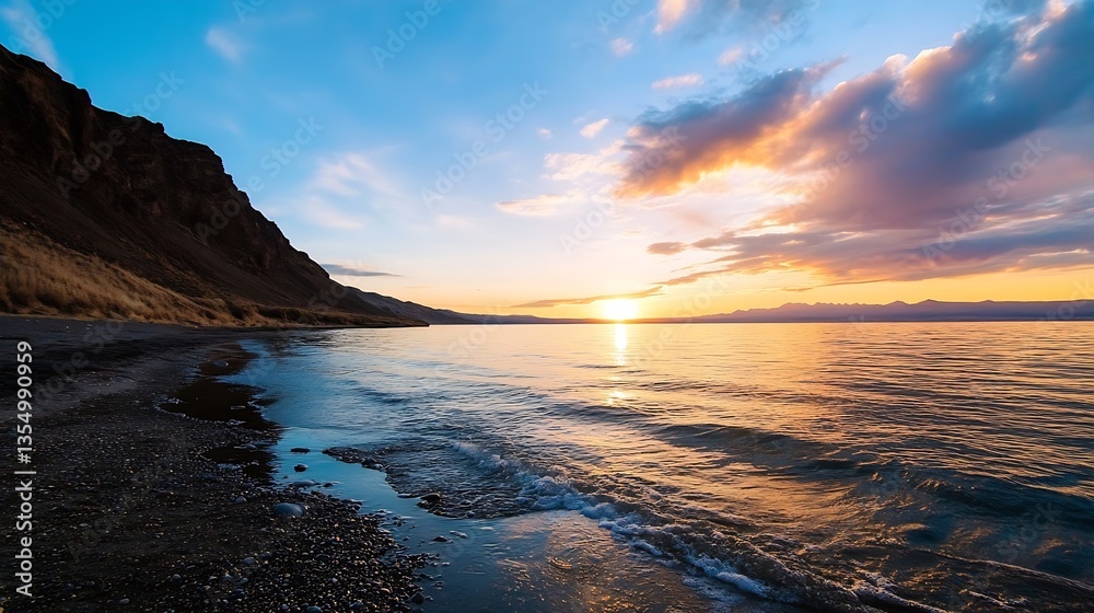 Fototapeta premium Stunning sunset over tranquil lake with gentle waves and majestic mountains in the background : Generative AI