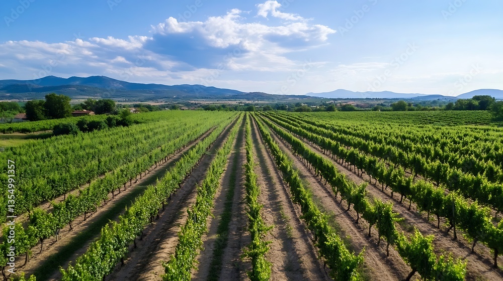 Aerial view of lush green vineyard rows under a bright blue sky with mountains in the background : Generative AI Aerial view of lush green vineyard rows under a bright blue sky with mountains in the background : Generative AI