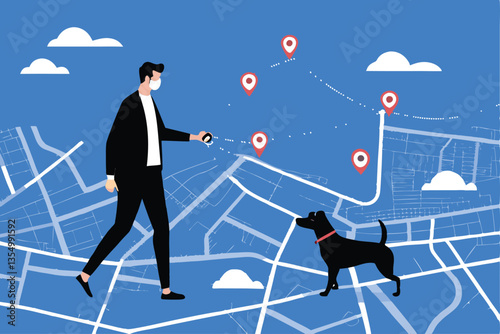 A jovial CEO of a dog delivery service meticulously plans efficient delivery routes on a large map, surrounded by happy dogs.