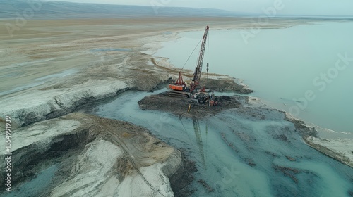 Aerial View of Dredging Operation Near a Lake in Arid Landscape: Industrial Construction Project