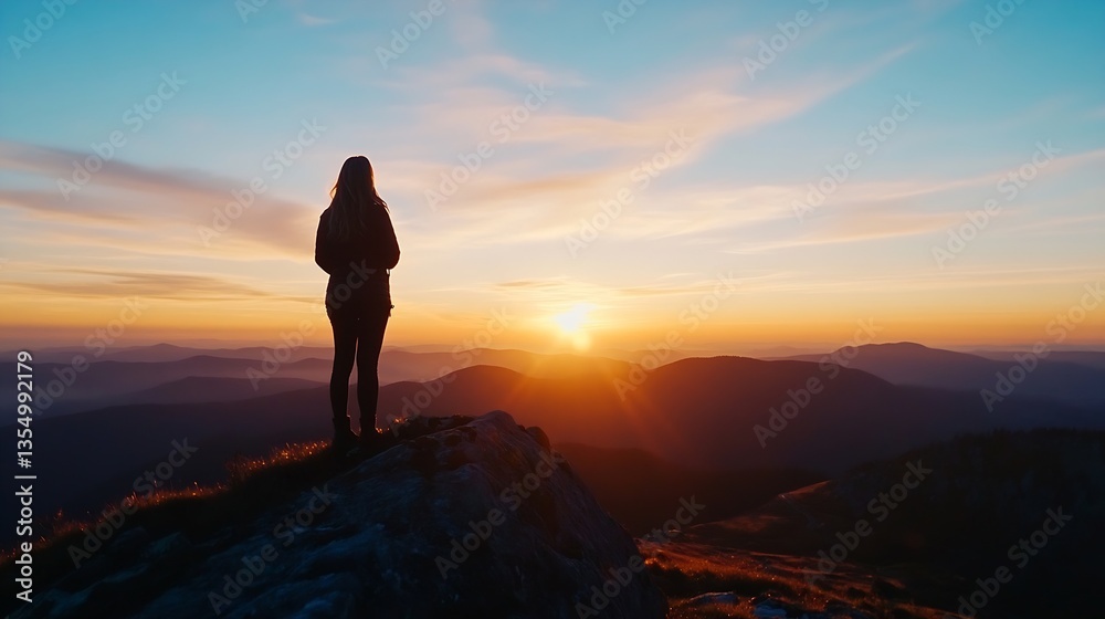 Silhouette of a person standing on a rocky hilltop watching the vibrant sunset over distant mountains : Generative AI Silhouette of a person standing on a rocky hilltop watching the vibrant sunset over distant mountains : Generative AI