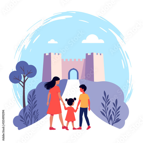 World Tourism Day. Family exploring a castle on a sunny day  