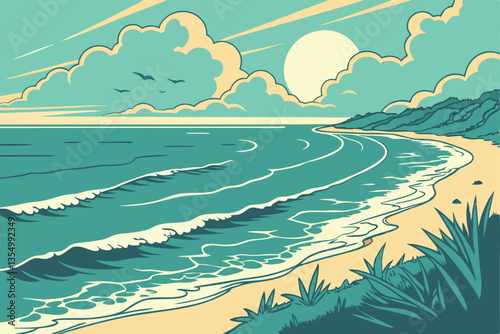 8 Serene ocean sunset, vibrant turquoise water, dramatic cloudy sky, golden hour light, horizon line, tranquil seascape, wispy cirrus clouds, sun reflection on water, ethereal atmosphere, panoramic vi