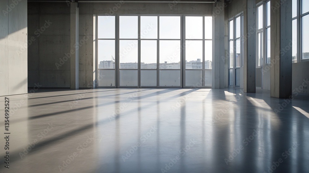 Fototapeta premium Empty modern interior space flooded with natural light through large windows showcasing minimalistic design : Generative AI