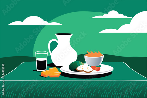 A still life photograph depicting a simple yet wholesome Suhoor meal  fresh fruit, crusty bread, and a pitcher of water, ready for the pre-dawn meal during Ramadan.