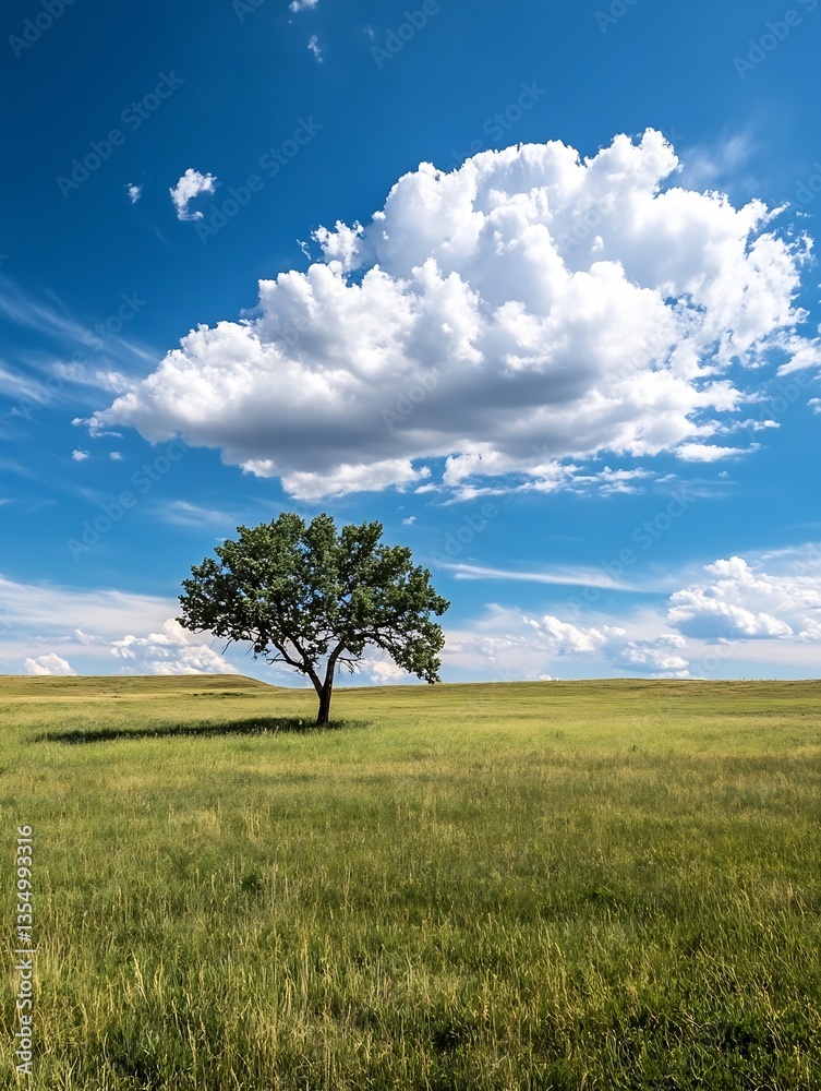 Fototapeta premium Solitary tree stands in wide green field beneath dramatic sky filled with clouds : Generative AI