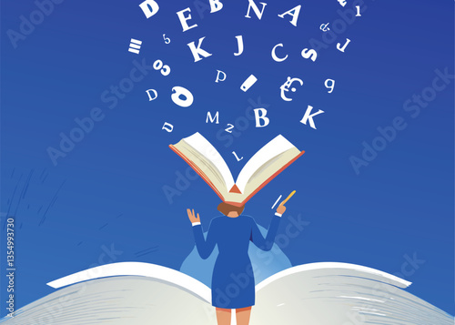 A smiling teacher, holding aloft an open book displaying vibrant letters and the partial word "nu," radiating warmth and knowledge.