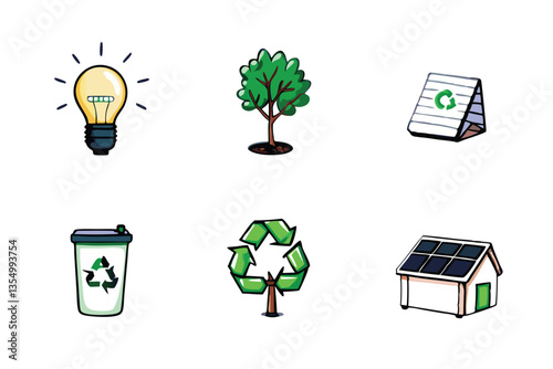 Illustrate eco-friendly living a house with solar panels, a recycling bin overflowing with sorted waste, lush greenery.