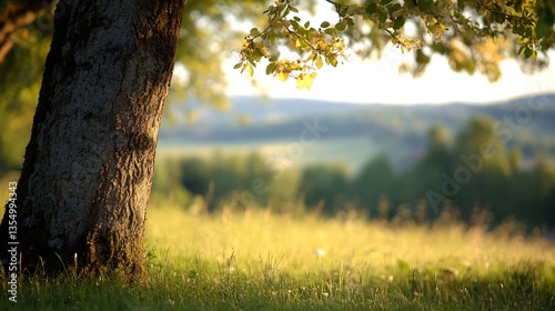 Sunlit serene landscape with a tree and lush green grass in a peaceful meadow : Generative AI