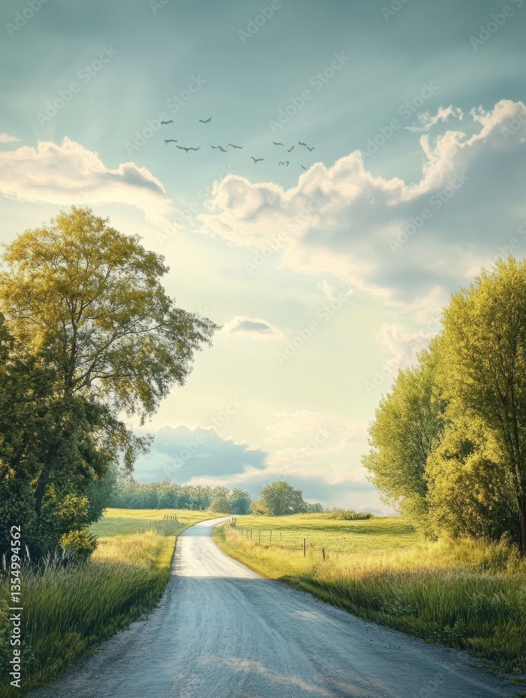 Fototapeta premium A clear sky above a peaceful countryside road, lined with green trees and bathed in bright sunlight.