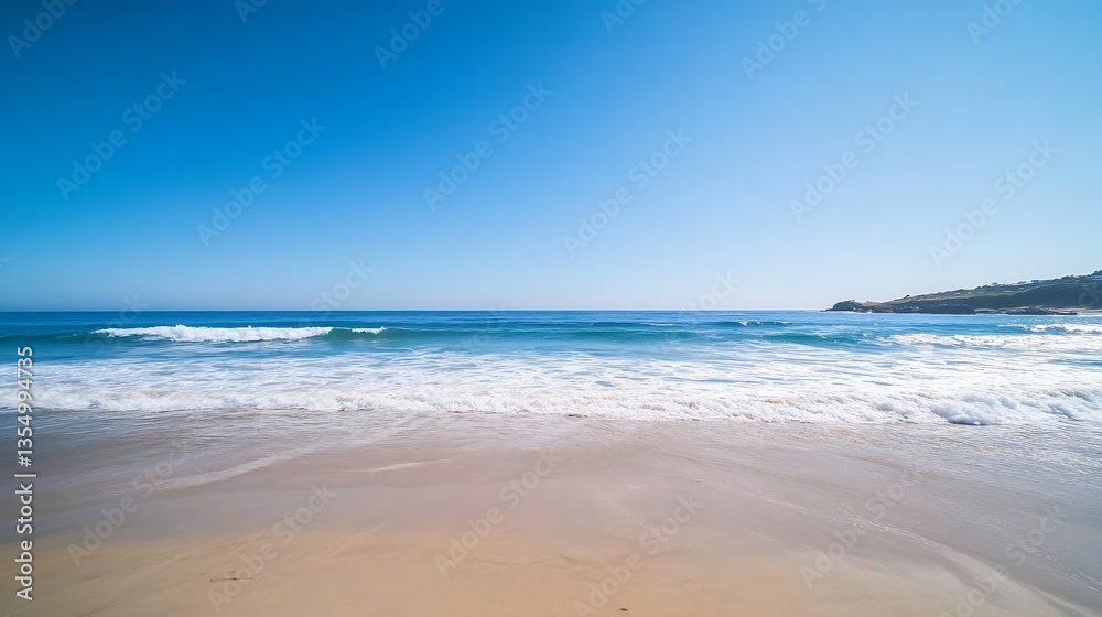 Breathtaking view of tranquil ocean waves lapping on sandy beach under bright blue sky : Generative AI