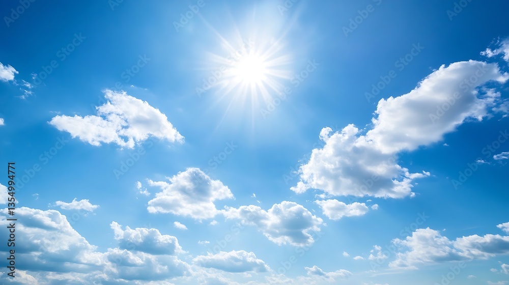 Bright Blue Sky with Fluffy White Clouds and a Shining Sun Radiating Warmth and Light : Generative AI