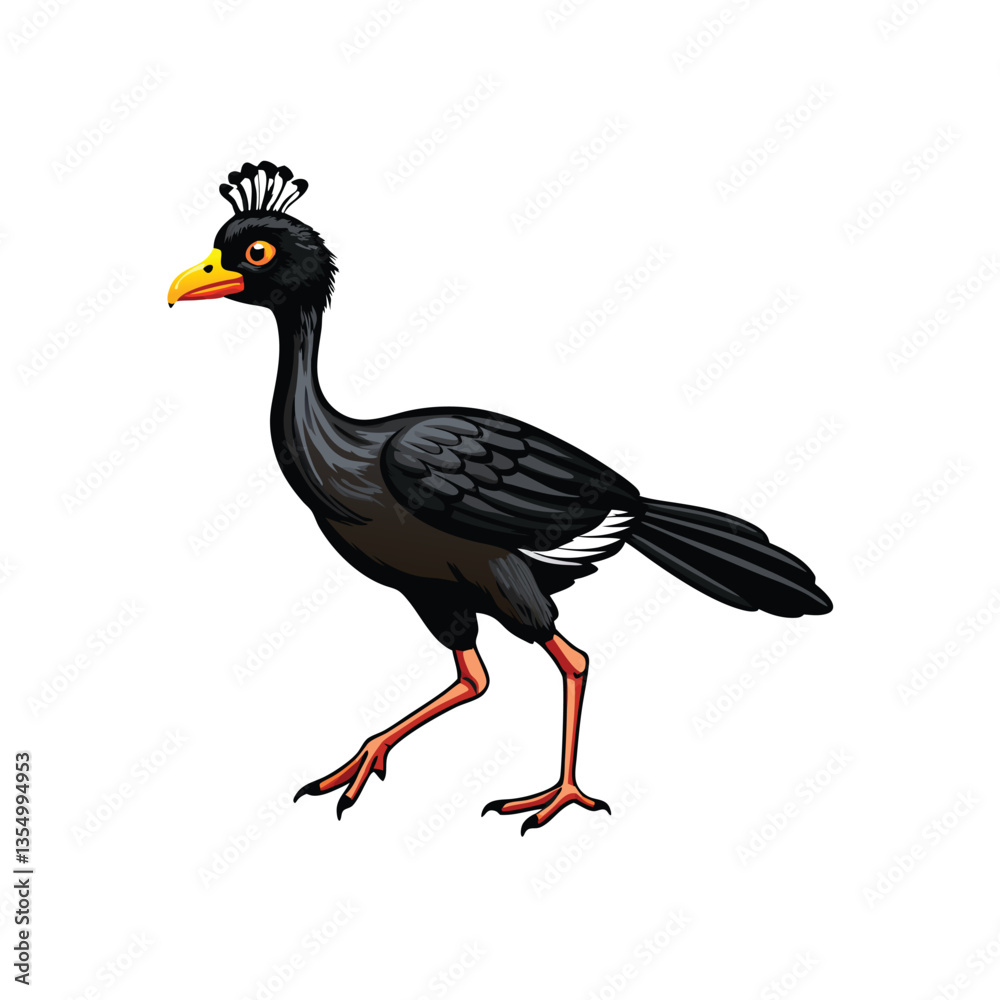 Fototapeta premium Create an elegant, detailed illustration of an Alagoas Curassow gracefully walking in its natural habitat. Show vibrant plumage and a lush background.