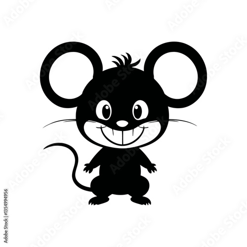 A black and white vector silhouette of a baby mouse giggling, its tiny paws covering its mouth on a white background