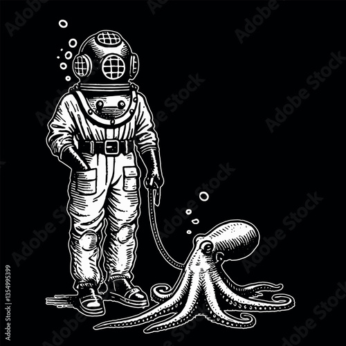 Deep sea diver with vintage diving suit walking octopus on leash engraving style hand drawn vector dark background