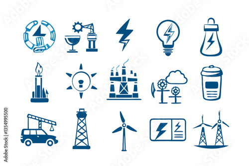 A comprehensive set of grey vector energy icons, depicting various energy sources and symbols, suitable for websites or presentations.