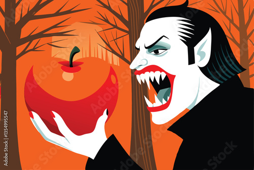 A dramatic close-up of a pale vampire delicately biting into a crimson, spooky apple in a dimly lit, gothic setting.